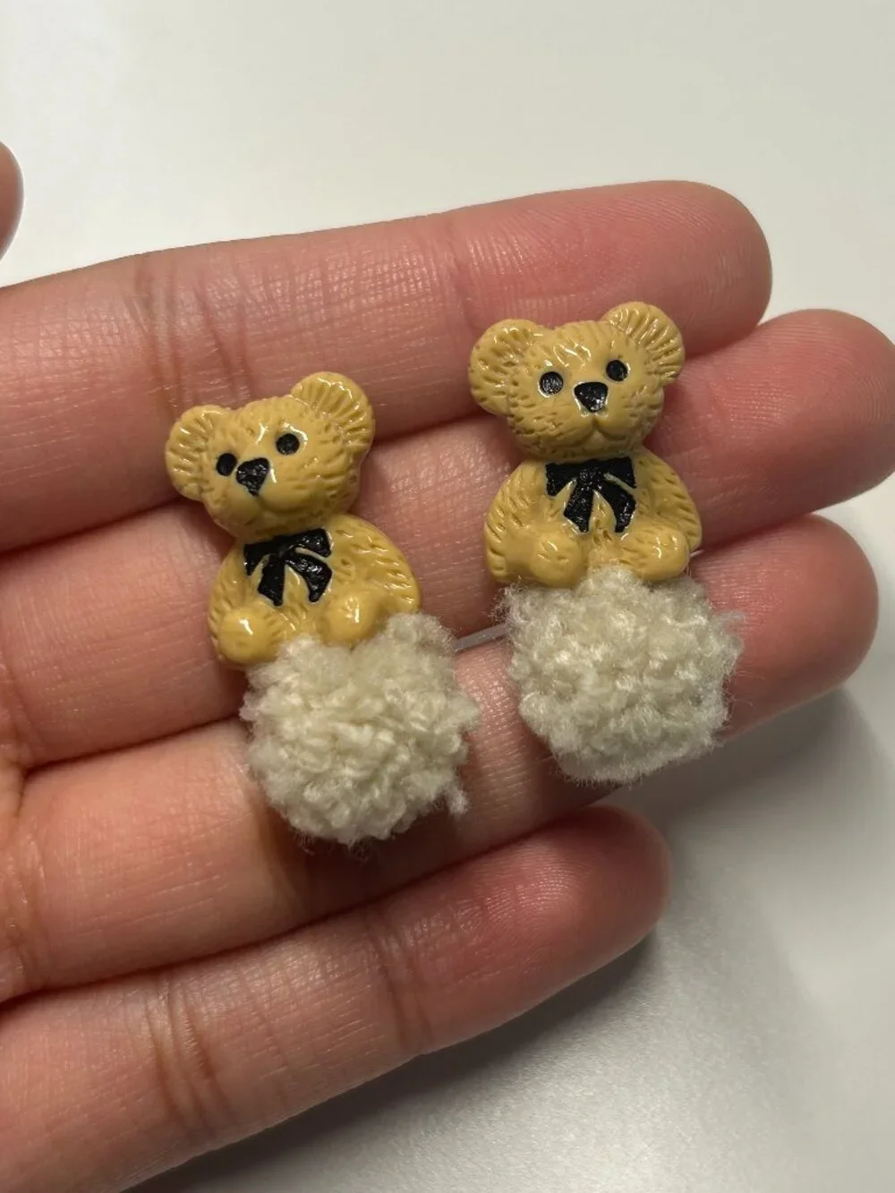 Cute Fuzzy Teddy Bear Pom Pom Stud Earrings Kawaii Kidcore Whimsical Fun Playful